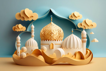 A papercraft illustration depicting an Islamic mosque with intricate details and surrounding clouds, showcasing a serene and spiritual atmosphere.の写真素材