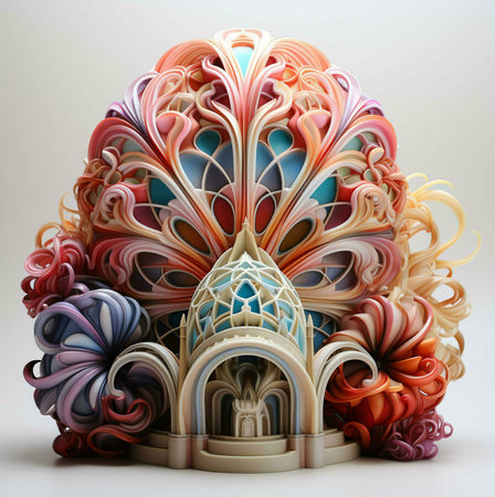 A detailed and intricate sculpture crafted from floral shapes and patterns. The piece evokes a sense of fantasy and wonder, with its vibrant colors and elaborate design.の写真素材