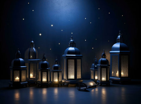 A group of lit lanterns stand illuminated against a dark blue background with twinkling stars, creating a beautiful and festive atmosphere.の写真素材