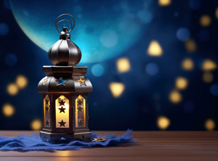 A traditional Ramadan lantern with intricate design, lit by a warm candle, glowing against a backdrop of blue and gold bokeh.の写真素材