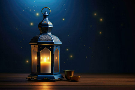 A beautifully crafted lantern with a lit candle sits on a wooden table against a dark blue...