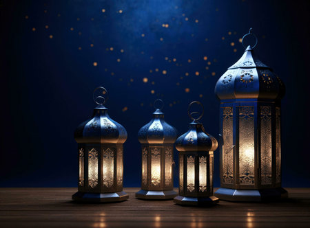 A collection of ornate lanterns illuminating the night, reflecting the essence of Ramadan and Eid...