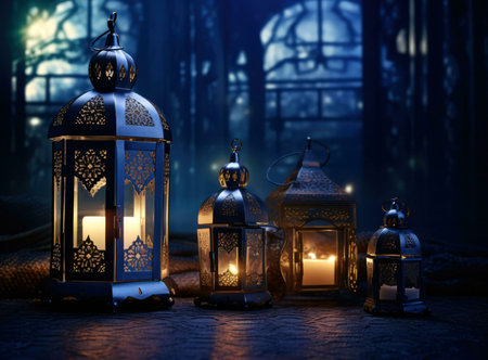 Four intricately metal lanterns with flickering candles illuminate the darkness of a forest night, creating a warm and mystical atmosphere. The lanterns, with their ornate details and glowing light, evoke a sense of tradition, celebration, and hope.の写真素材