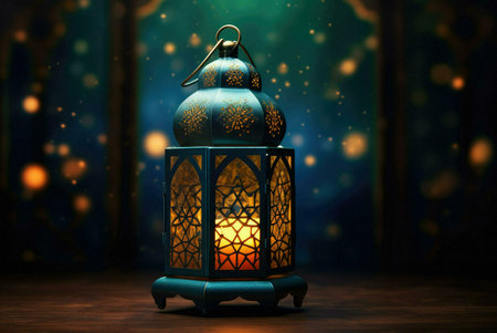 A traditional lantern with designs intricately illuminated by a warm candle glow, creating a serene...