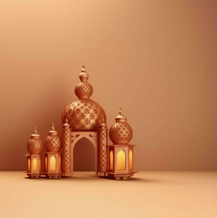 A golden mosque with intricate detailing and lanterns glowing softly in front of a plain background. The mosque appears to be made of metal and has a warm, inviting glow.の写真素材