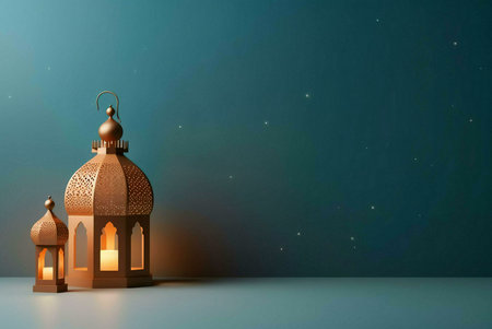 Two golden lanterns with intricate designs illuminated against a dark blue starry night sky.