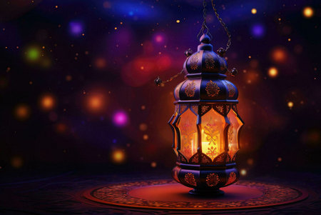 A close-up of a beautifully ornate lantern hanging against a background of colorful bokeh lights....