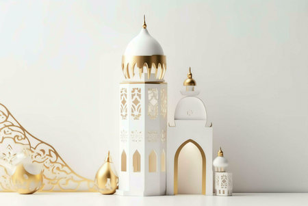 White and gold mosque-shaped decorations with intricate details, perfect for celebrating Islamic holidays like Ramadan or Eid.の写真素材