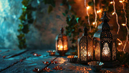 Three lanterns adorned with intricate designs illuminate a wooden table with a soft glow. The warm light of the candles creates a cozy and inviting atmosphere, perfect for a special occasion.の写真素材