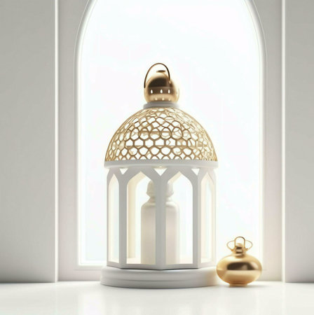 A white lantern with gold accents is placed on a window sill. The lantern is illuminated from within, casting a warm glow. It symbolizes the spirit of Ramadan and the celebration of Islam.の写真素材