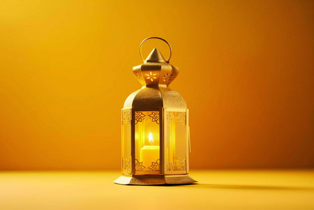 A single golden lantern with intricate designs sits on a yellow surface, its candle casting a warm glow.の写真素材