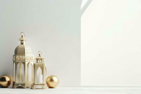 Two golden lanterns on a white surface with a candle in the smaller one. The background is a white wall with a shadow of a tree branch, which casts a soft light on the lanterns.の写真素材