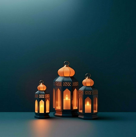 Three ornate lanterns casting a warm glow against a teal background. The lanterns feature intricate designs and a traditional aesthetic, symbolizing the spirit of Ramadan and Islamic celebrations.の写真素材