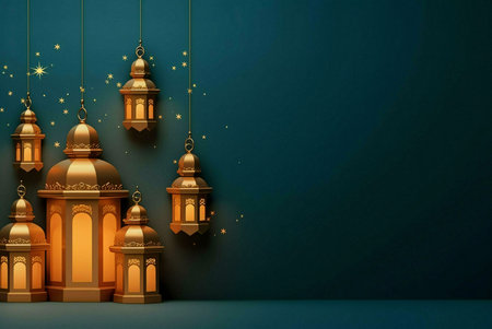 Five golden lanterns hanging against a teal background with scattered gold stars. The lanterns are...