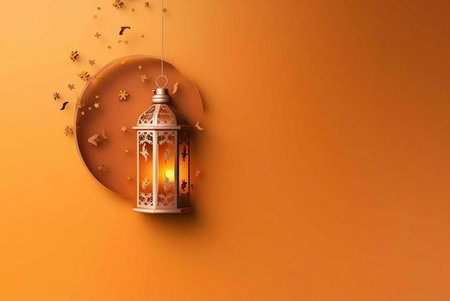 A golden lantern hangs on a simple orange background. The lantern is ornately decorated with...