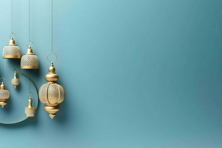 A collection of hanging, golden lanterns on a blue background.の写真素材