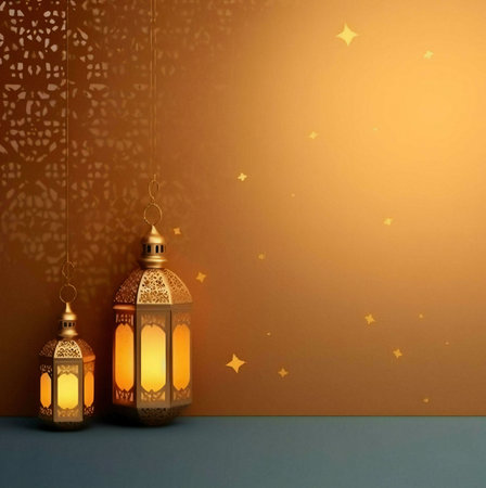 Two golden lanterns with intricate designs hang against a warm, orange background, with scattered star-like shapes, creating a festive atmosphere.の写真素材