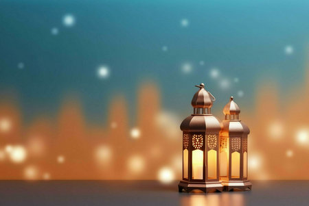 Two illuminated Ramadan lanterns, one bigger than the other, on a table with a blurry background of...