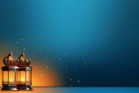 Two lit lanterns in a blue background with golden sparkles represent the spirit of Ramadan and Eid.の写真素材