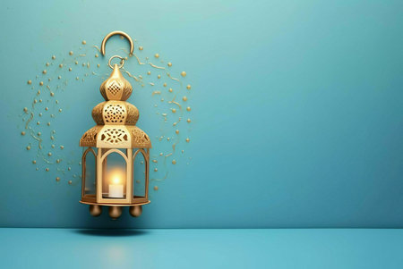 A golden lantern with intricate designs hangs against a blue background, symbolizing the celebration of Ramadan.の写真素材