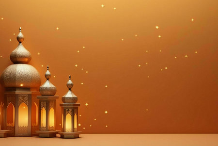 Three golden lanterns with intricate designs and glowing lights against a warm orange background...