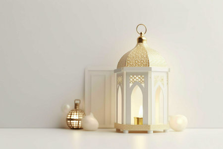 An ornate white lantern with golden details sits on a white surface, illuminated by a warm...