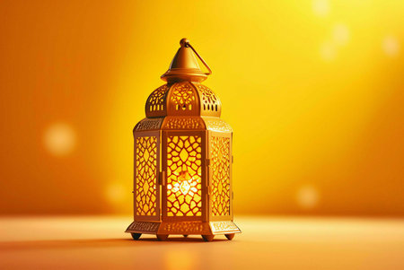 A single, ornate golden lantern with intricate details stands against a warm yellow background, illuminated from within.の写真素材