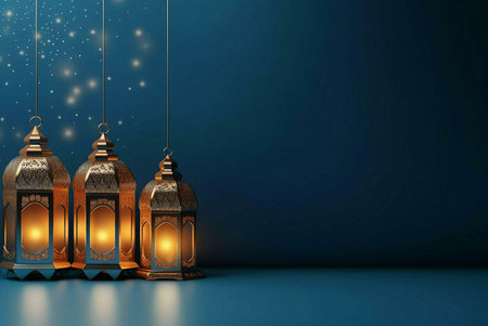 Three golden lanterns with intricate designs hang from the ceiling, illuminating a dark blue background with soft sparkles. The lanterns are lit from within, creating a warm and inviting atmosphere.の写真素材