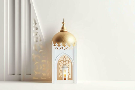 A close-up of an Islamic lantern intricately with design, illuminated by a candle, against a white background. It symbolizes the spirit of Ramadan and Eid.の写真素材