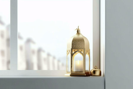 A golden lantern with a lit candle inside sits on a windowsill, against a blurred background of a city scene. The lantern's design adds intricately a touch of elegance and spirituality to the space.の写真素材