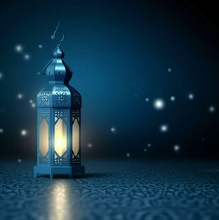 A solitary lantern with intricate details stands illuminated against a dark blue background,...