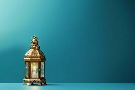 A golden lantern with patterns intricately sits on a teal background, casting a warm glow. It is a symbol of Ramadan, a holy month for Muslims.の写真素材