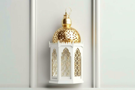 An ornate golden and white lantern with intricate details, a traditional symbol of Ramadan and...