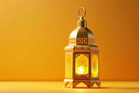 A golden lantern with intricate patterns, lit by a candle, stands against a warm yellow background.