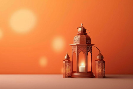 Three ornate lanterns with intricate designs stand in front of an orange background. The central...