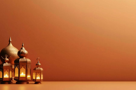 Four decorative golden lanterns with intricate details and lit candles, against a warm, simple brown...