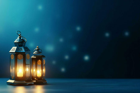 A captivating image of two ornate lanterns, illuminated from within, casting a warm glow against a deep blue background.の写真素材