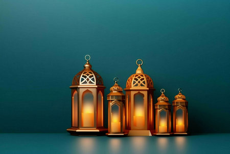 A group of golden lanterns with intricate designs sit on a teal background. The lanterns glow with a...