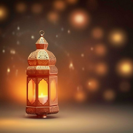A decorative golden lantern with intricate patterns glows warmly against a dark background with shimmering lights.の写真素材