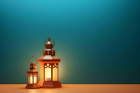 Two lit lanterns on an orange table against a teal background. The lanterns are decorated with intricate patterns.の写真素材