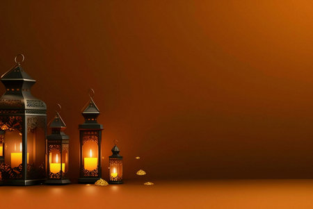 A collection of ornate lanterns with glowing candles against a warm brown background. The lanterns are intricately and delicate, creating a sense of celebration and warmth.の写真素材