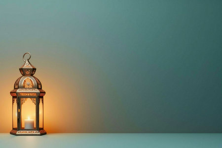 A close-up of an ornate lantern with a lit candle inside against a teal background. The lantern is made of metal and has intricate designs. The candlelight creates a warm and inviting glow.の写真素材