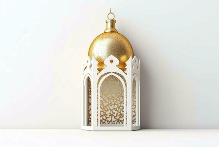 A golden lantern with a white frame against a white background.の写真素材