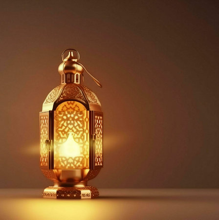 A close-up shot of a glowing golden lantern with intricate designs, symbolizing Ramadan and Islamic...