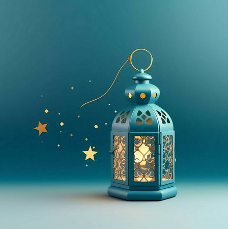 A teal lantern with intricate design and glowing candle inside, against a blue background with golden stars.の写真素材