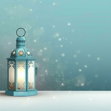 A blue lantern with intricate designs and a glowing light stands against a light blue background,...