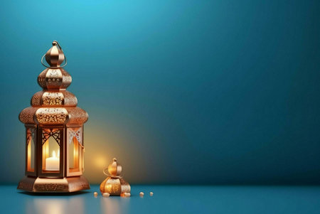 A golden ornate lantern with a lit candle sits on a teal background. The lantern is a symbol of...