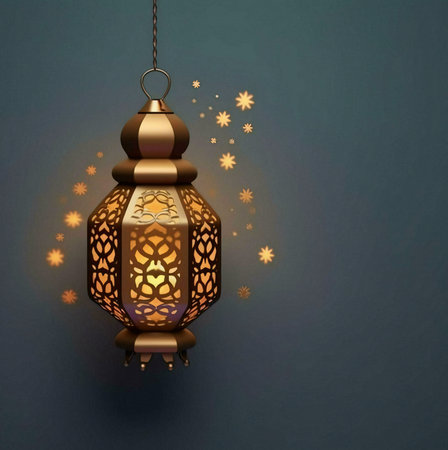 A golden lantern with intricately carvings hangs against a dark blue background, glowing with soft,...