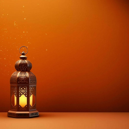 A beautiful ornate metal lantern with a warm glow, set against a golden background.