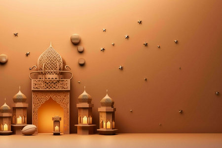 An ornate Islamic architecture with decorative lanterns and stars in a warm brown color scheme.
